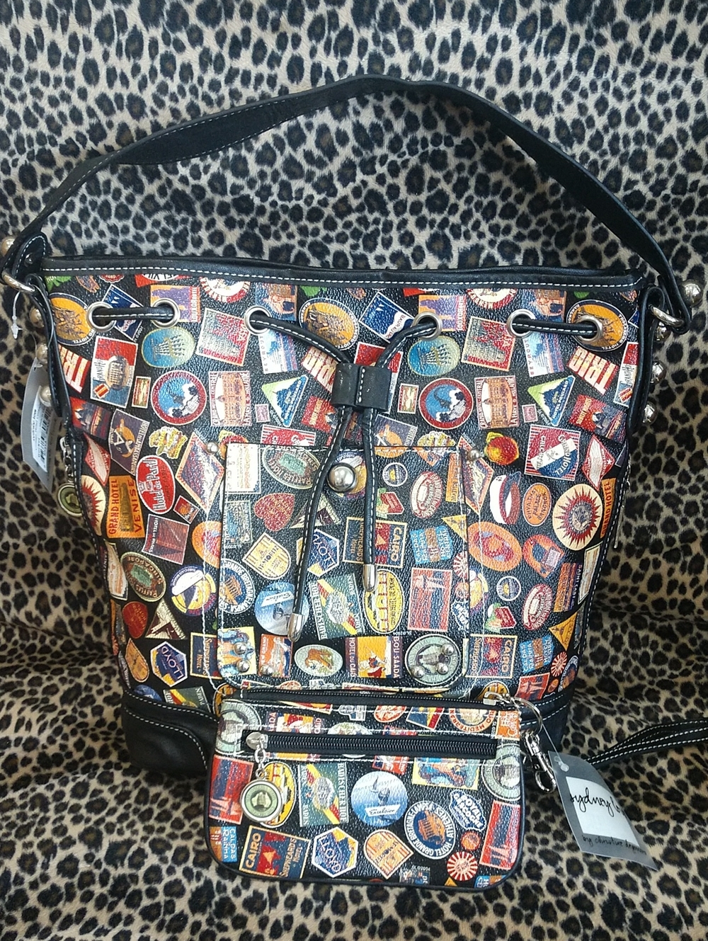 Travel Sticker Print Bucket Bag with Wristlet - Black
